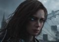 Tides of Annihilation protagonist Gwendolyn, a woman with long brown hair and glowing blue eyes, looks to the camera.