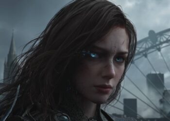 Tides of Annihilation protagonist Gwendolyn, a woman with long brown hair and glowing blue eyes, looks to the camera.