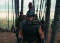 Odysseus and his army traverse through a sparse island forest
