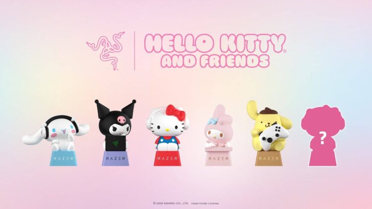 Official marketing image showing the series of Hello Kitty and Friends Razer keycaps.