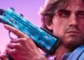 GTA 6 weapons: A close-up of Jason holding a MAC-10-inspired SMG with a retro blue paint job.