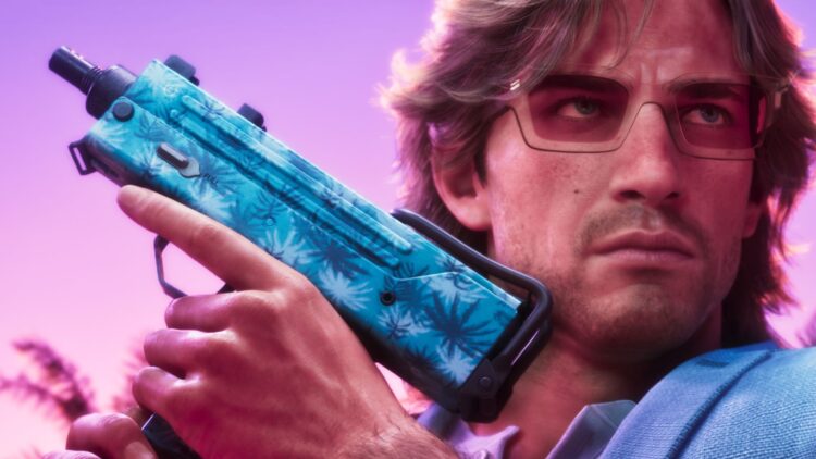 GTA 6 weapons: A close-up of Jason holding a MAC-10-inspired SMG with a retro blue paint job.