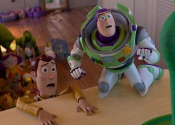 Woody, Buzz, and toys discover a tablet in their home