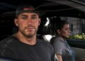 A screenshot of the GTA 6 Extended Look. Jason looks out a car window while sitting next to Lucia.