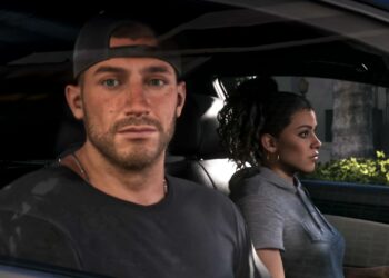 A screenshot of the GTA 6 Extended Look. Jason looks out a car window while sitting next to Lucia.