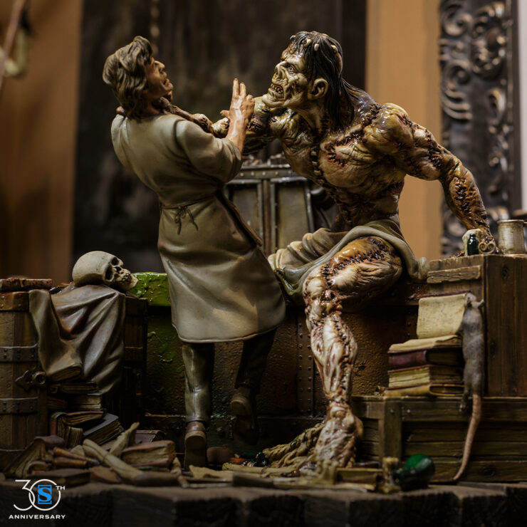 Bernie Wrightson's Frankenstein 1/8 Scale Model Kit by Sideshow circa 1997, the creation holds Victor Frankenstein by the throat.