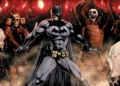 The cover of Batman: Death Mask. Batman fends off an army of skeletons wearing samurai armor.