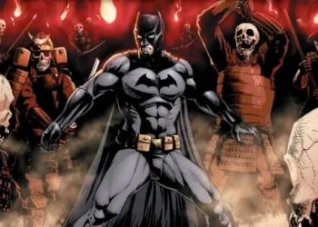 The cover of Batman: Death Mask. Batman fends off an army of skeletons wearing samurai armor.