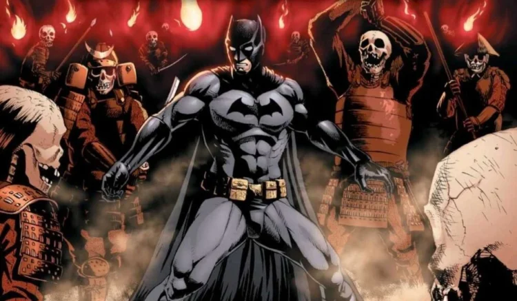 The cover of Batman: Death Mask. Batman fends off an army of skeletons wearing samurai armor.