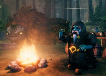 Haldor the Vendor in Valheim at his camp with a lox and campfire